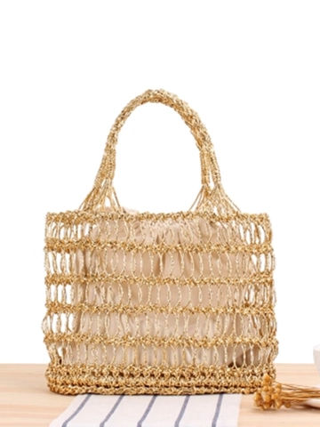 Gewebte Handtasche Damen Metallic Kunststoff Papier Mesh Hohl Aus Strand Urlaub Tote Bag Mit Kordelzug Innentasche
