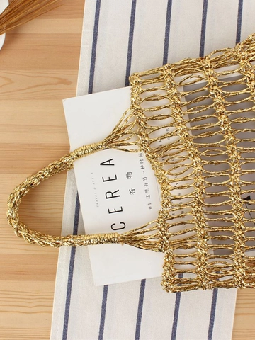 Gewebte Handtasche Damen Metallic Kunststoff Papier Mesh Hohl Aus Strand Urlaub Tote Bag Mit Kordelzug Innentasche