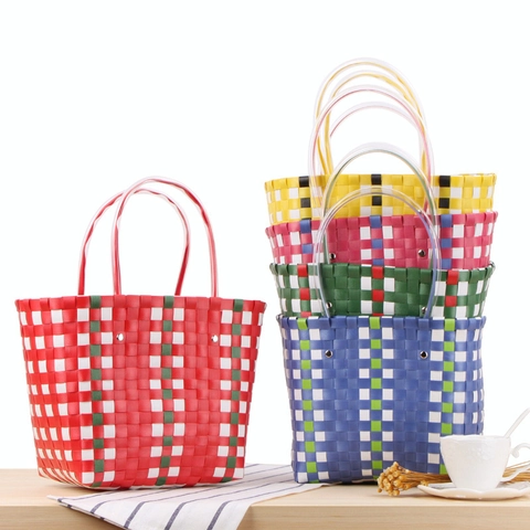 Geflochtene Handtasche PVC Kunststoff Bunt Kariert Tote Bag Strandurlaub Lässiges Einkaufen Für Frauen