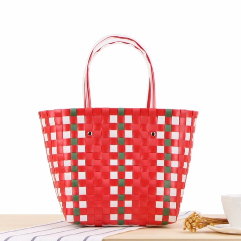 Geflochtene Handtasche PVC Kunststoff Bunt Kariert Tote Bag Strandurlaub Lässiges Einkaufen Für Frauen