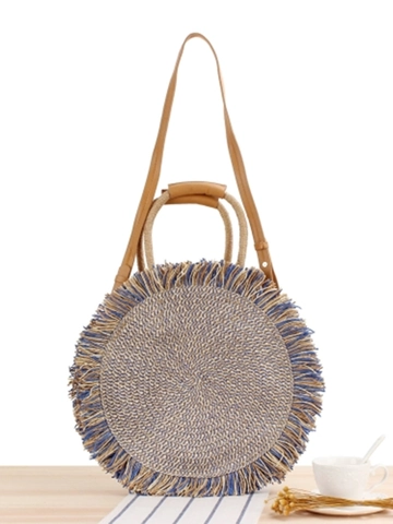Borsa A Mano Intrecciata Rotonda Donna Corda Di Carta Frange Nappine Borsa A Spalla Boho Estate Spiaggia Vacanze Tote