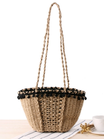 Paper String Woven Shoulder Bag With Pompom Trim Drawstring Closure Summer Beach Casual Handbag For Women