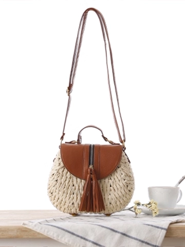 Borsa a Tracolla Retro in Carta Intrecciata Donna Bohemien Spiaggia Vacanza Crossbody Con Patta e Nappa in Pelle Fatta a Mano