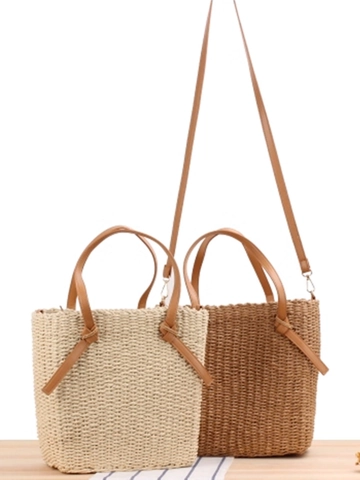 Women Hand-Woven Paper Rope Tote Bag Crossbody With PU Leather Strap Minimalist Summer Beach Vacation Large