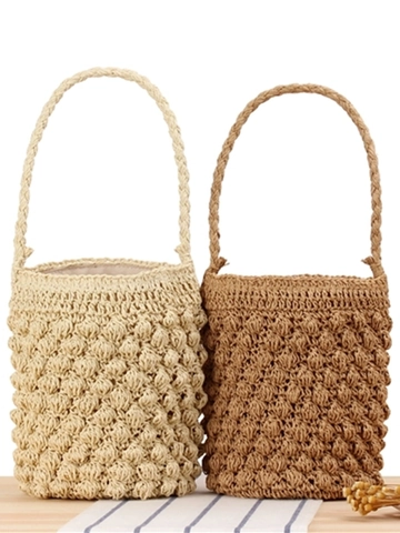 Borsa a Secchiello in Paglia di Carta Intrecciata a Mano Donna Vintage Bobble Stitch Casual Spiaggia Vacanza Coulisse Borsa