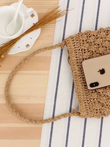 Borsa a Secchiello in Paglia di Carta Intrecciata a Mano Donna Vintage Bobble Stitch Casual Spiaggia Vacanza Coulisse Borsa