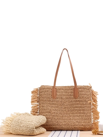 Gewebte Papierschultertasche Mit Fransen PU Lederriemen Große Kapazität Sommerurlaub Bohemian Stil Für Frauen