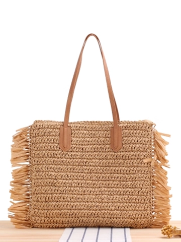 Gewebte Papierschultertasche Mit Fransen PU Lederriemen Große Kapazität Sommerurlaub Bohemian Stil Für Frauen