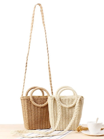 Women Woven Shoulder Bag Paper Rope Handcrafted Round Handle Crossbody Handbag For Summer Beach Vacation Casual Style