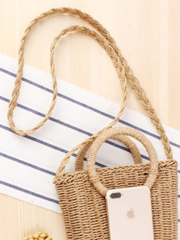 Women Woven Shoulder Bag Paper Rope Handcrafted Round Handle Crossbody Handbag For Summer Beach Vacation Casual Style