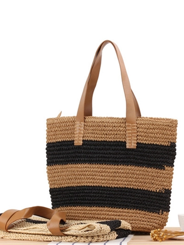 Borsa Tote In Carta Intrecciata A Righe Con Manici In Pelle Grande Capacità Borsa A Tracolla Da Spiaggia Bohemian Per Donna