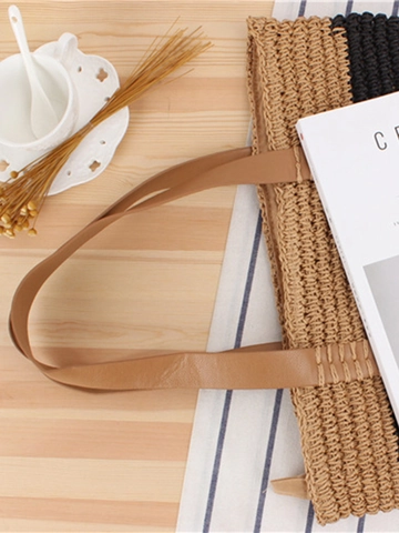 Borsa Tote In Carta Intrecciata A Righe Con Manici In Pelle Grande Capacità Borsa A Tracolla Da Spiaggia Bohemian Per Donna