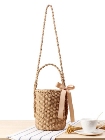 Bolso De Cubeta De Cuerda De Papel Tejido Para Mujer Hecho A Mano Verano Playa Vacaciones Hombro Bandolera Con Lazo De Cinta Cordón