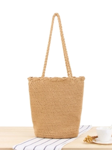 Women Handwoven Cotton Rope Bucket Bag Crochet Scalloped Edge Drawstring Vacation Beach Casual Shoulder Tote