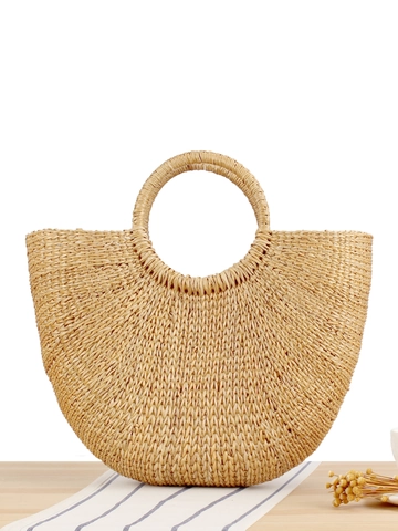 Handgefertigte Gewebte Stroh Handtasche Natürliches Gelbes Gras Halbmond Runder Griff Strandurlaub Stil Für Frauen
