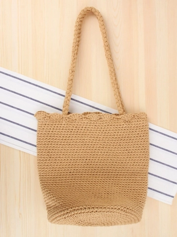 Damen Handgewebte Baumwollseil Eimertasche Häkeln Wellenrand Kordelzug Urlaub Strand Lässig Schultertasche