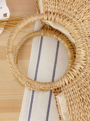 Handgefertigte Gewebte Stroh Handtasche Natürliches Gelbes Gras Halbmond Runder Griff Strandurlaub Stil Für Frauen