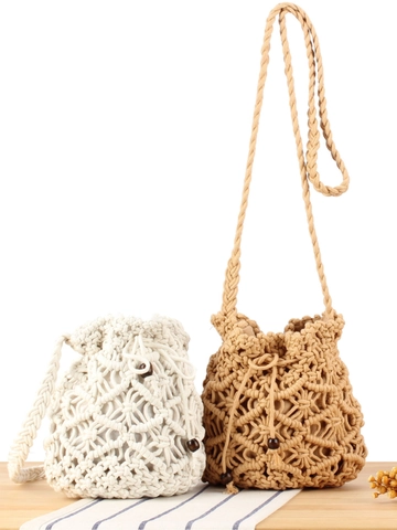 Handmade Macrame Crossbody Bag Woven Cotton Rope Hollow Out Beach Vacation Boho Shoulder Pouch With Wood Beads Women