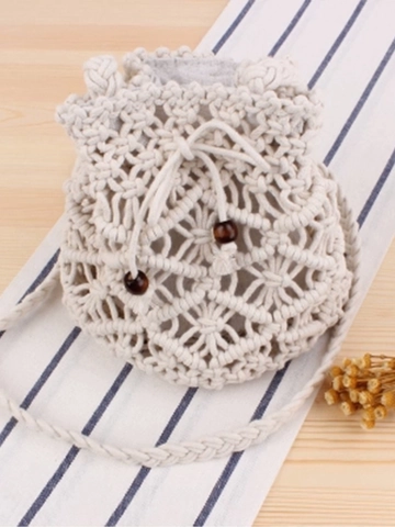 Handmade Macrame Crossbody Bag Woven Cotton Rope Hollow Out Beach Vacation Boho Shoulder Pouch With Wood Beads Women