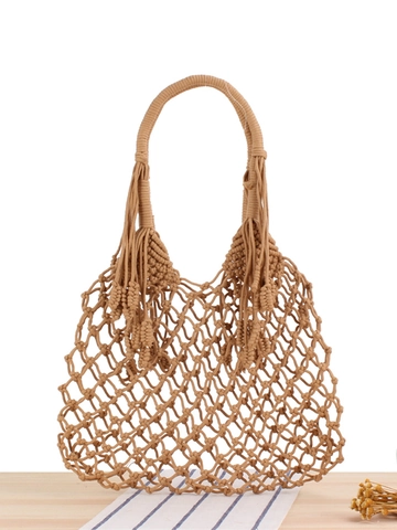 Sac À Main En Corde De Coton Tissé À La Main Style Bohème Macramé Ajouré Avec Franges Pour Plage Et Vacances