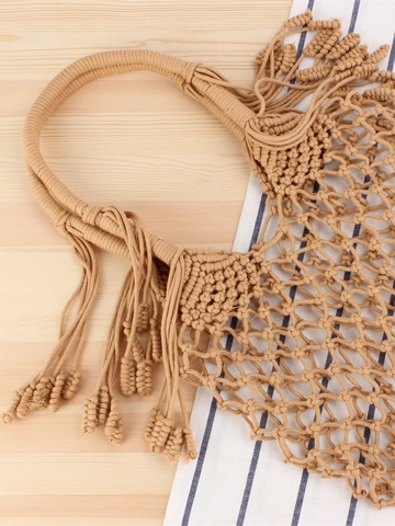 Sac À Main En Corde De Coton Tissé À La Main Style Bohème Macramé Ajouré Avec Franges Pour Plage Et Vacances