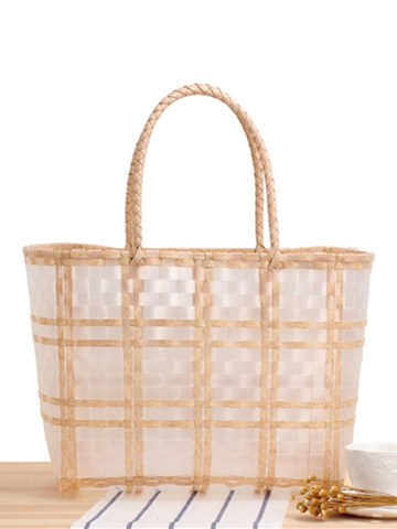 Große Gewebte Tragetasche PVC Kunststoff Plaid Karomuster Wasserdicht Handtasche Für Strand Einkauf Picknick Natürlicher Stil