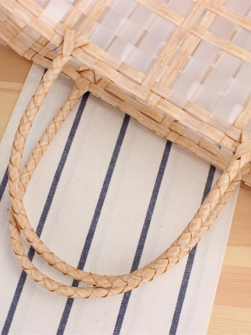 Handgewebte Plastik Tragetasche Kariert Wasserdichte Strandhandtasche Für Frauen Minimalistischer Lässiger Einkaufskorb Sommerstil