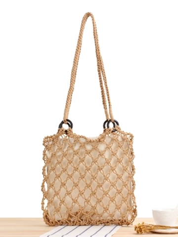 Handgefertigte Gewebte Umhängetasche Baumwollseil Macrame Hohlnetz Tote Mit Holzringen Innenfutter Bohemian Strandurlaub Stil