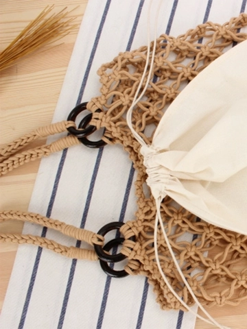 Handgefertigte Gewebte Umhängetasche Baumwollseil Macrame Hohlnetz Tote Mit Holzringen Innenfutter Bohemian Strandurlaub Stil