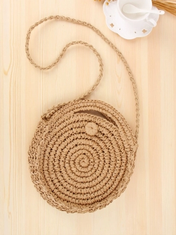 Round Woven Crossbody Bag Women Paper Straw Handcrafted Summer Beach Vacation Shoulder Purse With Handle Casual Retro