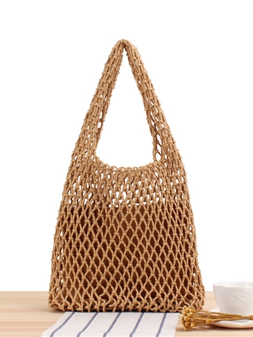 Handmade Woven Net Bag Cotton Rope Hollow Out Beach Tote With Inner Pouch And PU Leather Bottom For Women Casual