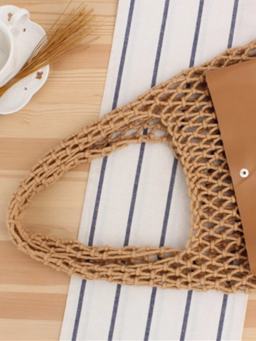 Handmade Woven Net Bag Cotton Rope Hollow Out Beach Tote With Inner Pouch And PU Leather Bottom For Women Casual