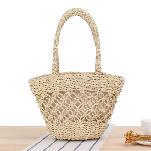 Damen Gewebte Handtasche Papierseil Durchbrochen Sommer Strand Urlaub Lässige Tasche Mit Innenfutter Kordelzug