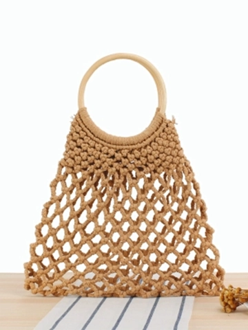 Macrame Tragetasche Baumwollseil Gewebtes Netz Ausgehöhlt Strandurlaub Boho Stil Runder Holzgriff Für Damen
