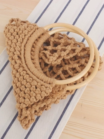 Macrame Tragetasche Baumwollseil Gewebtes Netz Ausgehöhlt Strandurlaub Boho Stil Runder Holzgriff Für Damen