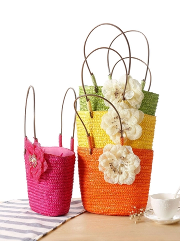 Handwoven Straw Handbag With Large Flower Decor Summer Beach Vacation Bucket Bag For Women