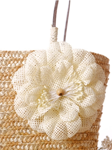 Handwoven Straw Handbag With Large Flower Decor Summer Beach Vacation Bucket Bag For Women