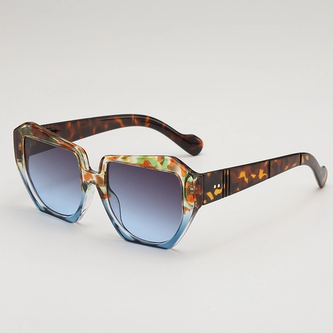 Geometric Square Sunglasses UV400 Protection Thick PC Frame Contrast Color Tortoise Pattern Metal Rivets Fashion Shades