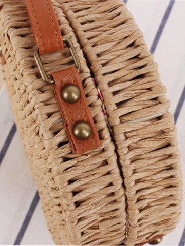 Women Round Woven Crossbody Bag Paper Rope Summer Beach Vacation Shoulder Purse Vintage Straw Style With Floral Lining