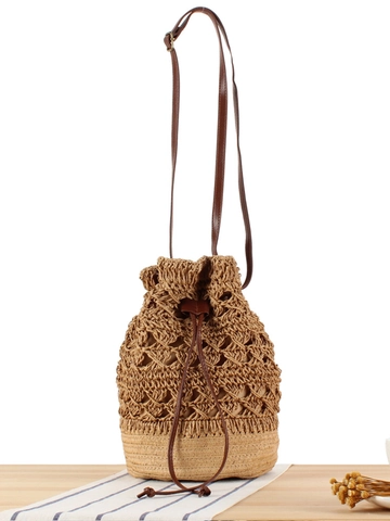 Gewebte Beuteltasche Papierschnur Kunstleder Lochmuster Kordelzug Schulter Crossbody Strand Urlaub Für Damen