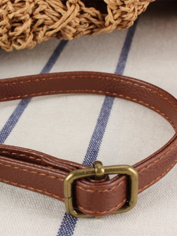 Gewebte Beuteltasche Papierschnur Kunstleder Lochmuster Kordelzug Schulter Crossbody Strand Urlaub Für Damen