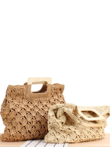Woven Handtasche Mit Holzgriffen Retro Häkeln Holhout Papier Stroh Strandtasche Für Sommerurlaub Boho-Stil