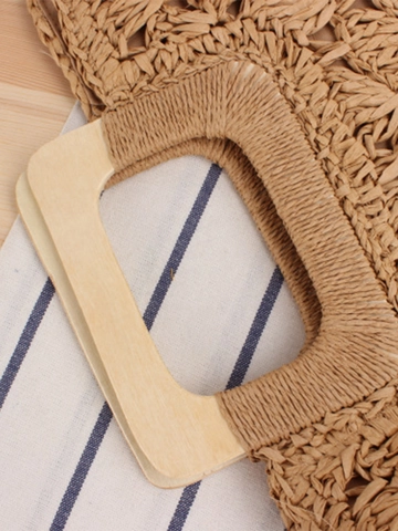Woven Handtasche Mit Holzgriffen Retro Häkeln Holhout Papier Stroh Strandtasche Für Sommerurlaub Boho-Stil