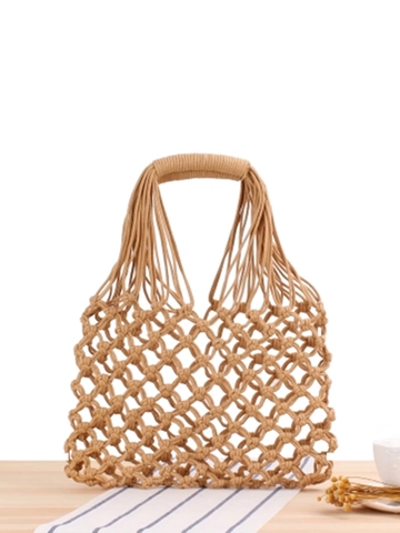 Hand Woven Cotton Rope Mesh Tote Bag Hollow Out Macrame Beach Handbag Bohemian Minimalist For Women