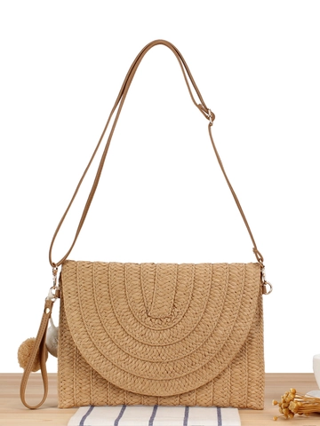 Woven Crossbody Bag Hand-woven Paper Braid Shoulder Bag With Pompom Charms Semi-circular Flap Summer Beach Vacation For Women