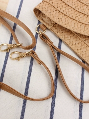 Woven Crossbody Bag Hand-woven Paper Braid Shoulder Bag With Pompom Charms Semi-circular Flap Summer Beach Vacation For Women
