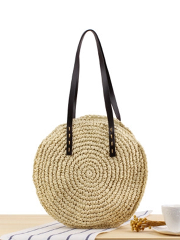 Damen Runde Gewebte Schultertasche Handgefertigte Papierschnur Sommer Strand Urlaub Tasche Boho Lässig Großes Fassungsvermögen