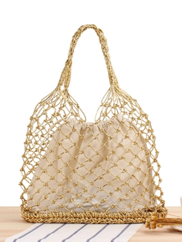 Handgefertigte Gewebte Metallic Handtasche Mit Stoff Innenfutter Für Damen Mode Strand Urlaub Eimer Stil Tasche