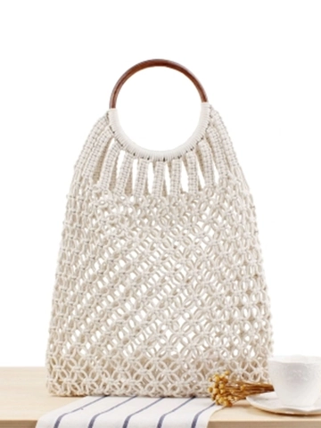 Χειροποίητη Τσάντα Macrame Boho Βαμβακερό Σχοινί Τσάντα Παραλίας Με Στρογγυλές Λαβές Από Ρατάν Και Ξύλο Καλοκαίρι