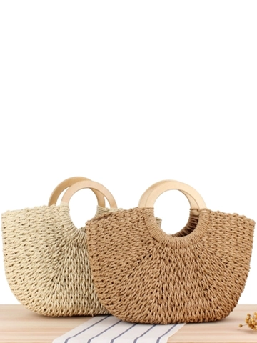 Hand Woven Paper Rope Handbag With Wooden Handle Large Capacity Solid Color Summer Beach Vacation Tote For Women